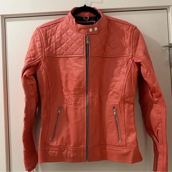 NWT [Leather Skin] Quilted 100% Genuine Leather Moto Jacket in Pink Women’s L - Picture 5 of 15